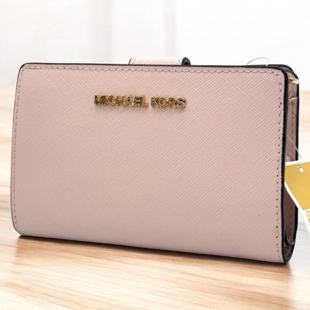 Michael Kors Medium Jet Set Travel Zip Chain Bifold Wallet Leather Powder Blush
